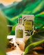 4711 Acqua Colonia Green Tea & Bergamot  mit Faltschachtel vor tropischem Hintergrund und Tee