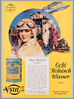 4711 Echt Kölnisch Wasser historische Werbeplakat mit Text "Auf Reisen 4711" und Frau und FLakon